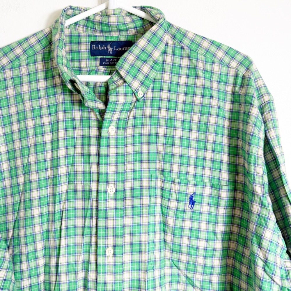 Ralph Lauren Button Down Mens Large Green Plaid Blake Cotton Long Sleeve Shirt